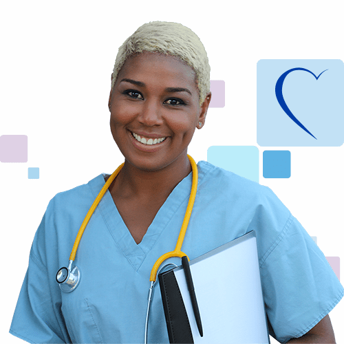 Young nurse smiling with stethescope around her neck.