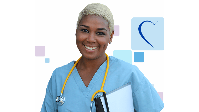 Young nurse smiling with stethescope around her neck.