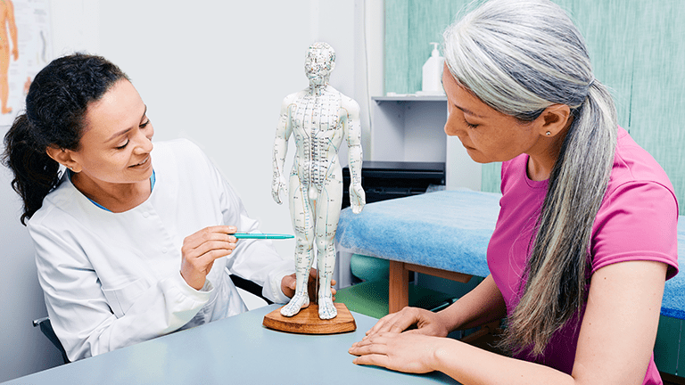 Female acupuncturist showing points on acupuncture model of human body to her patient.